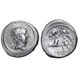 L. Livineius Regulus AR Denarius. Rome, 42 BC. Bare head right / Gladiatorial scene: in