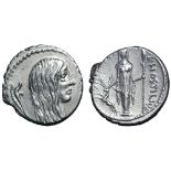 L. Hostilius Saserna AR Denarius. Rome, 48 BC. Bare head of Gallia right, with long, dishevelled