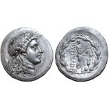 Aeolis, Myrina AR Tetradrachm. Circa 155-145 BC. Stephanophoric type. Laureate head of Apollo
