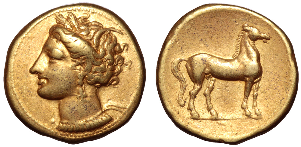 North Africa, Carthage EL Stater. Circa 310-270 BC. Wreathed head of Tanit left, wearing triple-