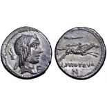 L. Calpurnius Piso Frugi AR Denarius. Rome, 90 BC. Laureate head of Apollo right; symbol behind, F