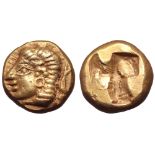 Ionia, Phokaia EL Hekte. Circa 521-478 BC. Archaic female head left, wearing hoop earring; to right,