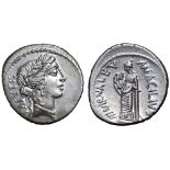 Man. Acilius Glabrio AR Denarius. Rome, 49 BC. Laureate head of Salus right; SALVTIS upwards