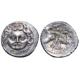 L. Plautius Plancus AR Denarius. Rome, 47 BC. Mask of Medusa facing, without serpents; L•PLAVTIVS