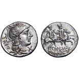 Cn. Lucretius Trio AR Denarius. Rome, 136 BC. Helmeted head of Roma right; TRIO behind, X below chin
