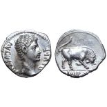 Augustus AR Denarius. Lugdunum, 15-13 BC. AVGVSTVS DIVI•F, bare head right / Bull butting to