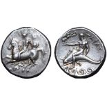 Calabria, Tarentum AR Nomos. Circa 302-280 BC. Philon, magistrate. Nude youth on horseback left,