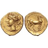 North Africa, Carthage AV Fifth Stater. Second Punic War, circa 203-201 BC. Wreathed head of Tanit