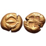 Mysia, Kyzikos EL Stater. Circa 500-450 BC. Tunny fish between two dolphins, all swimming to