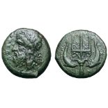 Sicily, Messana Æ Dilitron. Circa 338-318 BC. Head of Poseidon left, wearing laurel wreath; ΠOΣEI-