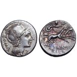 L. Flaminius Chilo AR Denarius. Rome, 109-108 BC. Helmeted head of Roma right; X below chin, ROMA