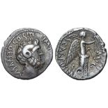 Marc Antony AR Denarius. Cyrene, 31 BC. L. Pinarius Scarpus, Imperator. M•ANTO•COS•III•IMP•[IIII],