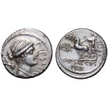 P. Plautius Hypsaeus AR Denarius. Rome, 60 BC. Draped bust of Leuconoë right, with pearled band in