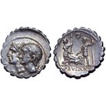 C. Sulpicius C. f. Galba AR Serrate Denarius. Rome, 106 BC. Jugate laureate heads of the Dei Penates