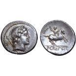 P. Crepusius AR Denarius. Rome, 82 BC. Laureate head of Apollo right; sceptre and X behind, [