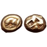 Mysia, Kyzikos EL Stater. Circa 550-500 BC. Forepart of a lion to left, devouring prey; tunny fish