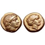 Lesbos, Mytilene EL Hekte. Circa 375-326 BC. Laureate head of Apollo right / Head of female right,