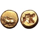 Ionia, Phokaia EL Hekte. Circa 625/00-522 BC. Lion pouncing left, seal above / Quadripartite