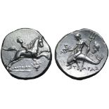 Calabria, Tarentum AR Nomos. Circa 240-228 BC. Zopyrion, magistrate. Nude youth on horseback to