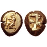 Mysia, Kyzikos EL Stater. Circa 500-450 BC. Nude youth kneeling left, holding tunny fish /