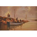 Donal McNaughton - UNLOADING THE CATCH - Oil on Board - 16 x 24 inches - Signed