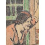 William Conor, RHA RUA - GIRL AT THE WINDOW - Wax Crayon on Paper - 8.5 x 6 inches - Signed