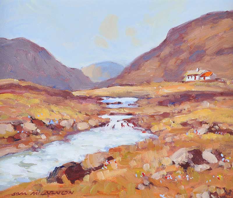 Samuel McLarnon, UWS - RIVER IN THE MOUNTAINS - Oil on Board - 10 x 12 inches - Signed