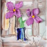 Colin Flack - PURPLE FLOWERS IN A VASE - Oil on Glass - 5.5 x 5.5 inches - Signed