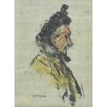 William Conor, RHA RUA - LADY IN A YELLOW COAT - Wax Crayon on Paper - 9.5 x 7 inches - Signed