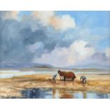 Noel Shaw - GATHERING KELP - Oil on Canvas - 4 x 18 inches - Signed