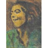 William Conor, RHA RUA - THE HAPPY GIRL - Wax Crayon on Paper - 5 x 3.5 inches - Signed