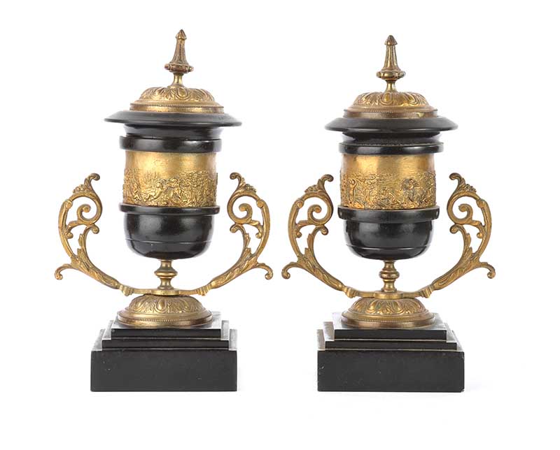 PAIR OF VICTORIAN BRASS AND MARBLE CLOCK URNS