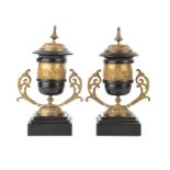 PAIR OF VICTORIAN BRASS AND MARBLE CLOCK URNS