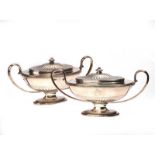 PAIR OF OVAL SHAPED TWO HANDLED SAUCE TUREENS WITH LIDS