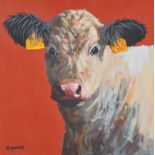 Ronald Keefer - COW ON RED - Oil on Board - 18 x 18 inches - Signed