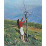 Antonis Andreades - GIRL AT AN ALMOND TREE - Oil on Canvas - 44 x 36 inches - Signed