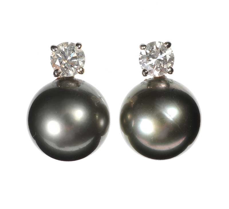 18CT WHITE GOLD GREY TAHITIAN PEARL AND DIAMOND EARRINGS