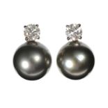 18CT WHITE GOLD GREY TAHITIAN PEARL AND DIAMOND EARRINGS