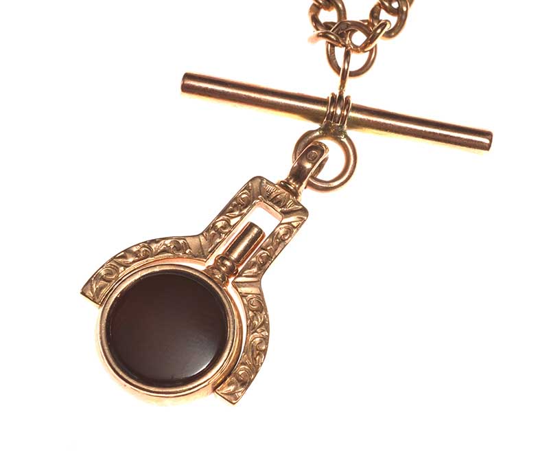 9CT GOLD ALBERT-CHAIN WITH HARDSTONE-SET SWIVEL FOB/WATCH KEY - Image 3 of 3