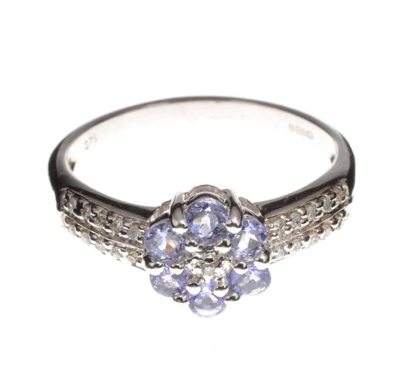 9CT WHITE GOLD TANZANITE AND DIAMOND FLORAL CLUSTER RING - Image 2 of 3