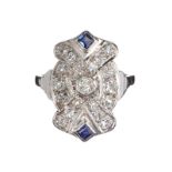 ART DECO 18CT WHITE GOLD DIAMOND AND SAPPHIRE TABLET CLUSTER RING