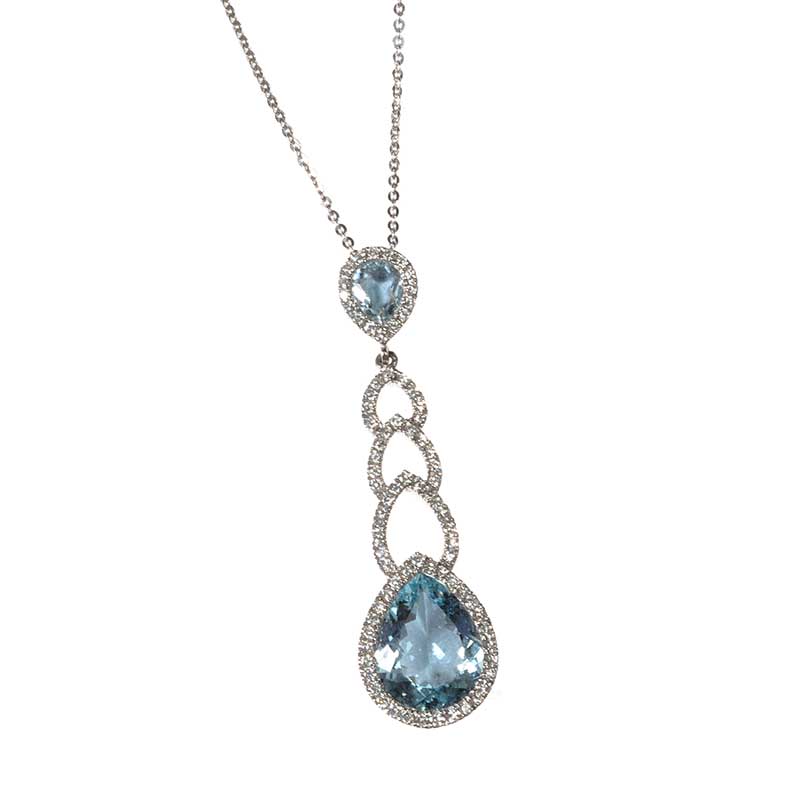 18CT WHITE GOLD AQUAMARINE AND DIAMOND PENDANT AND CHAIN