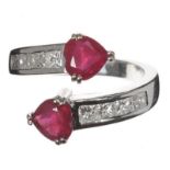 18CT WHITE GOLD RUBY AND DIAMOND CROSS-OVER RING