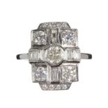 18CT WHITE GOLD AND DIAMOND TABLET CLUSTER RING IN THE STYLE OF ART DECO