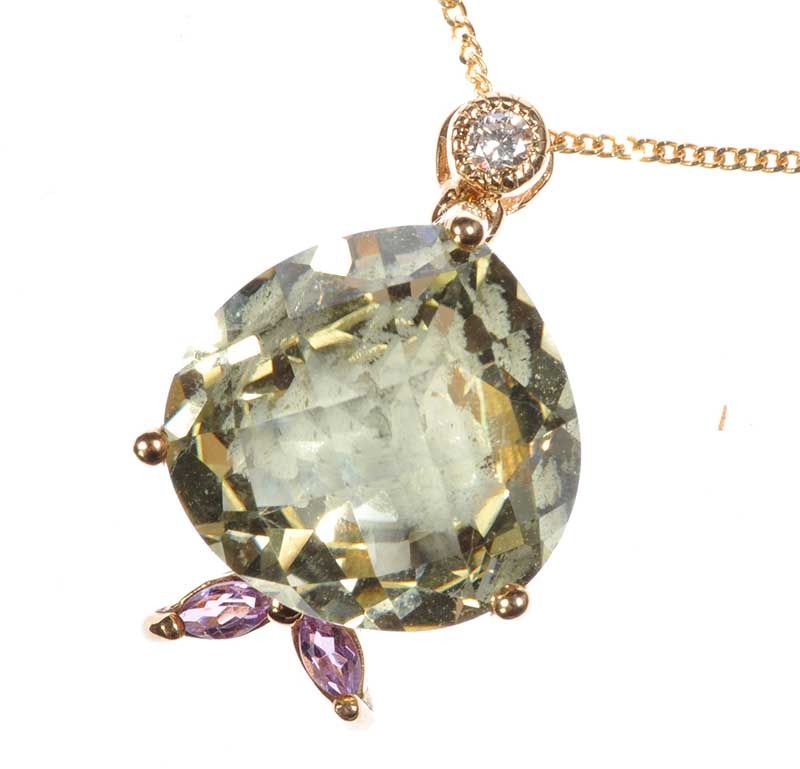 9CT GOLD LEMON QUARTZ, AMETHYST AND DIAMOND PENDANT ON AN 18CT GOLD CHAIN - Image 2 of 3