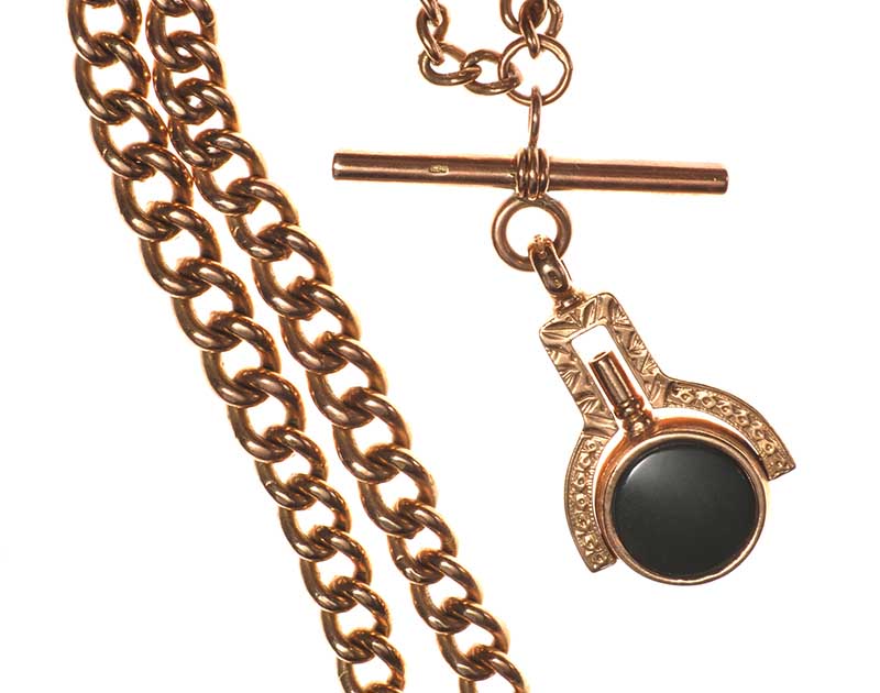 9CT GOLD ALBERT-CHAIN WITH HARDSTONE-SET SWIVEL FOB/WATCH KEY - Image 2 of 3