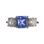 18CT WHITE GOLD SAPPHIRE AND DIAMOND THREE STONE RING