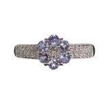 9CT WHITE GOLD TANZANITE AND DIAMOND FLORAL CLUSTER RING