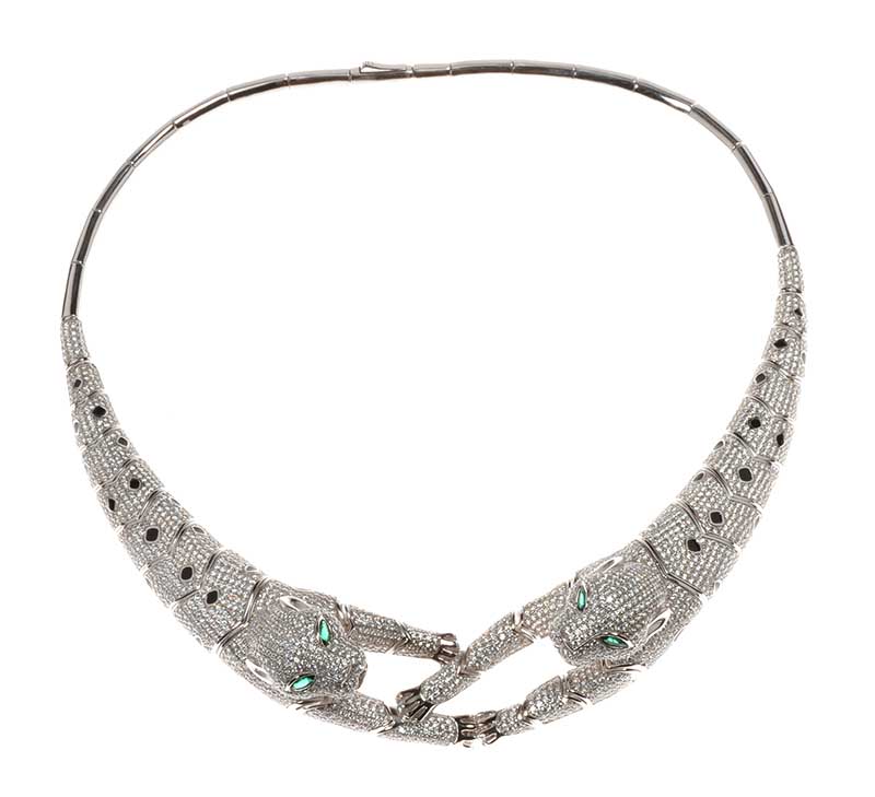STERLING SILVER PANTHER NECKLACE IN THE STYLE OF CARTIER SET WITH CUBIC ZIRCONIA AND ENAMEL