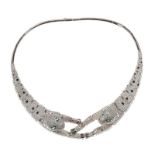 STERLING SILVER PANTHER NECKLACE IN THE STYLE OF CARTIER SET WITH CUBIC ZIRCONIA AND ENAMEL